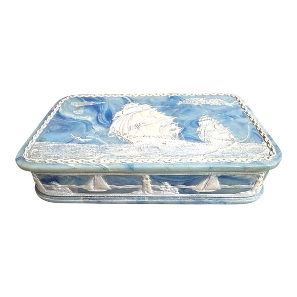 Nautical Sailing Clipper Ships Incolay Stone Jewelry Keepsake Box Large Usa 12" - Picture 1 of 16